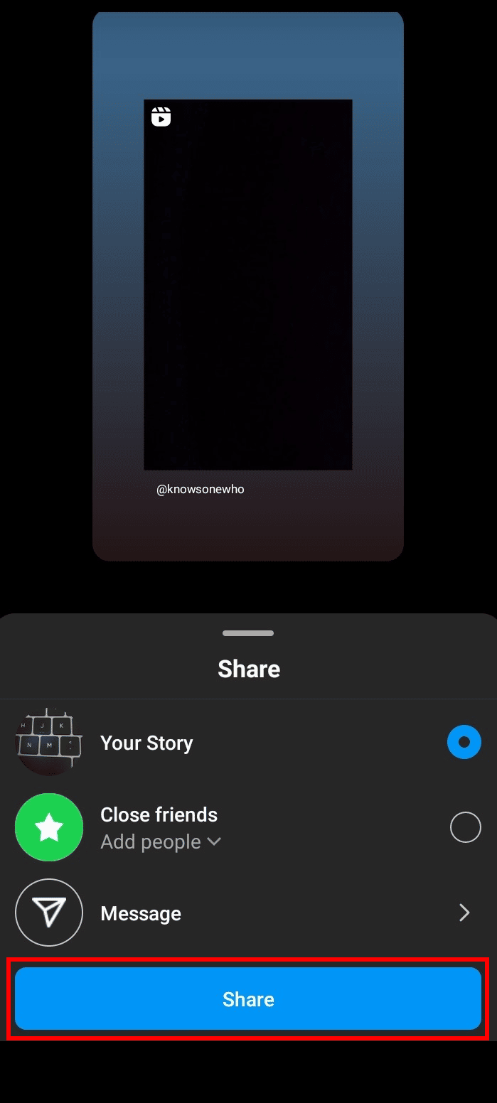 Tippen Sie auf „Teilen“, um das Reel mit Ihrer Geschichte zu teilen.
