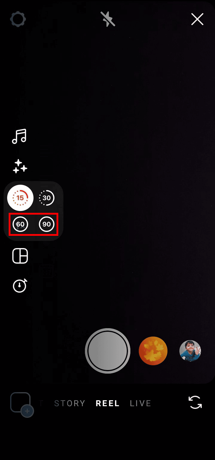 Tippen Sie entweder auf 60 oder 90, um die Dauer Ihres Reels zu ändern. | So teilen Sie ganze Rollen auf Instagram Story