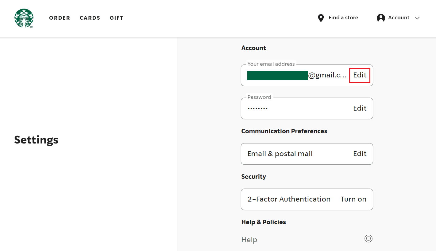 Desde aquí, haga clic en Editar junto a su dirección de correo electrónico y cambie a la deseada | pide Starbucks en la tienda equivocada