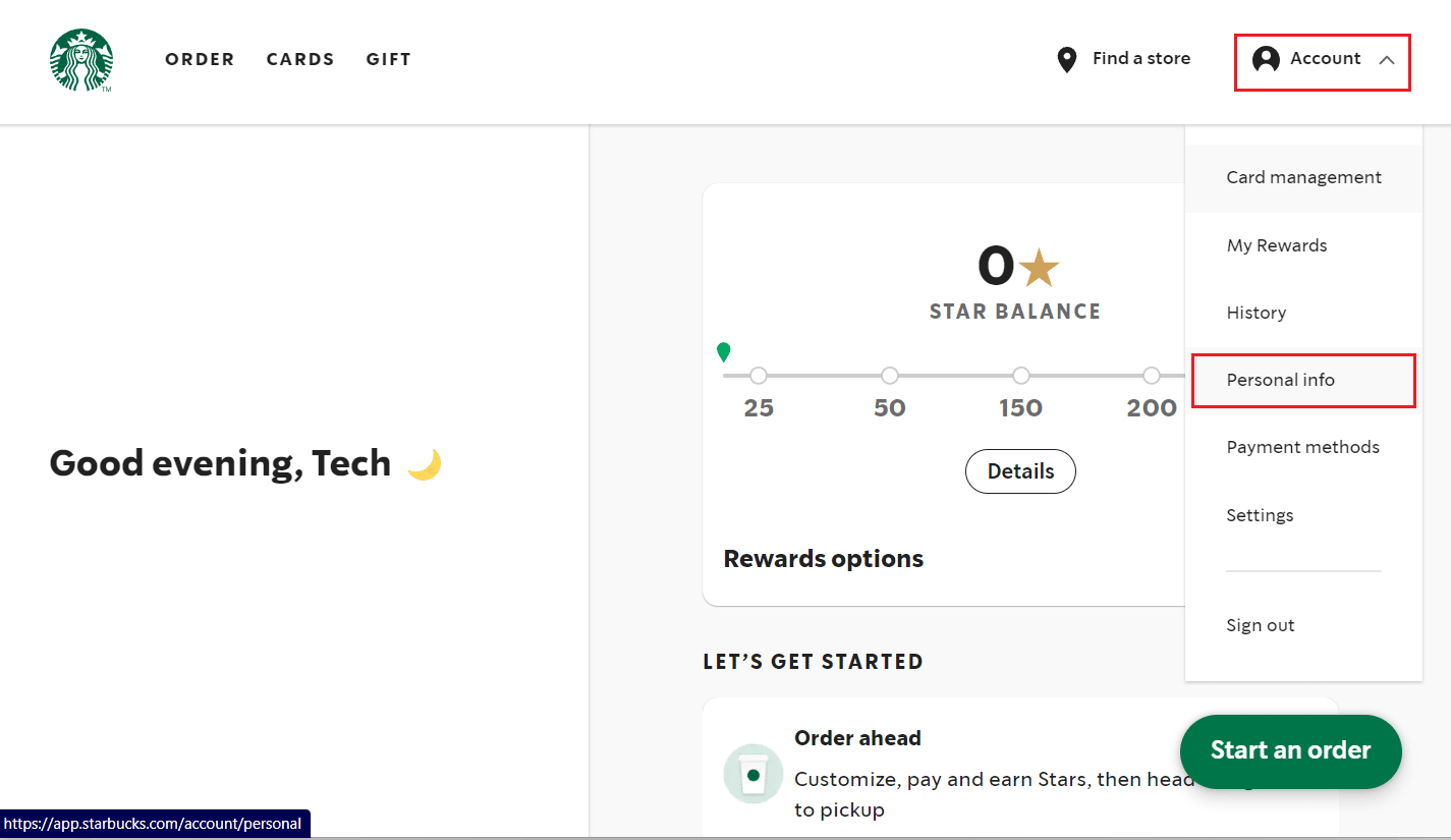 Haga clic en Cuenta - Información personal | Cómo eliminar una cuenta de Starbucks