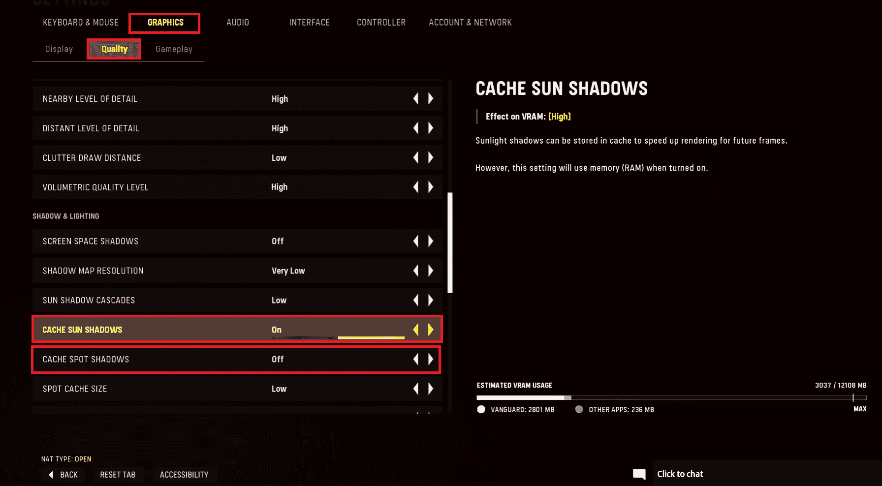 desative as sombras do ponto de cache e as sombras do sol em cache na configuração de qualidade gráfica do jogo COD Vanguard