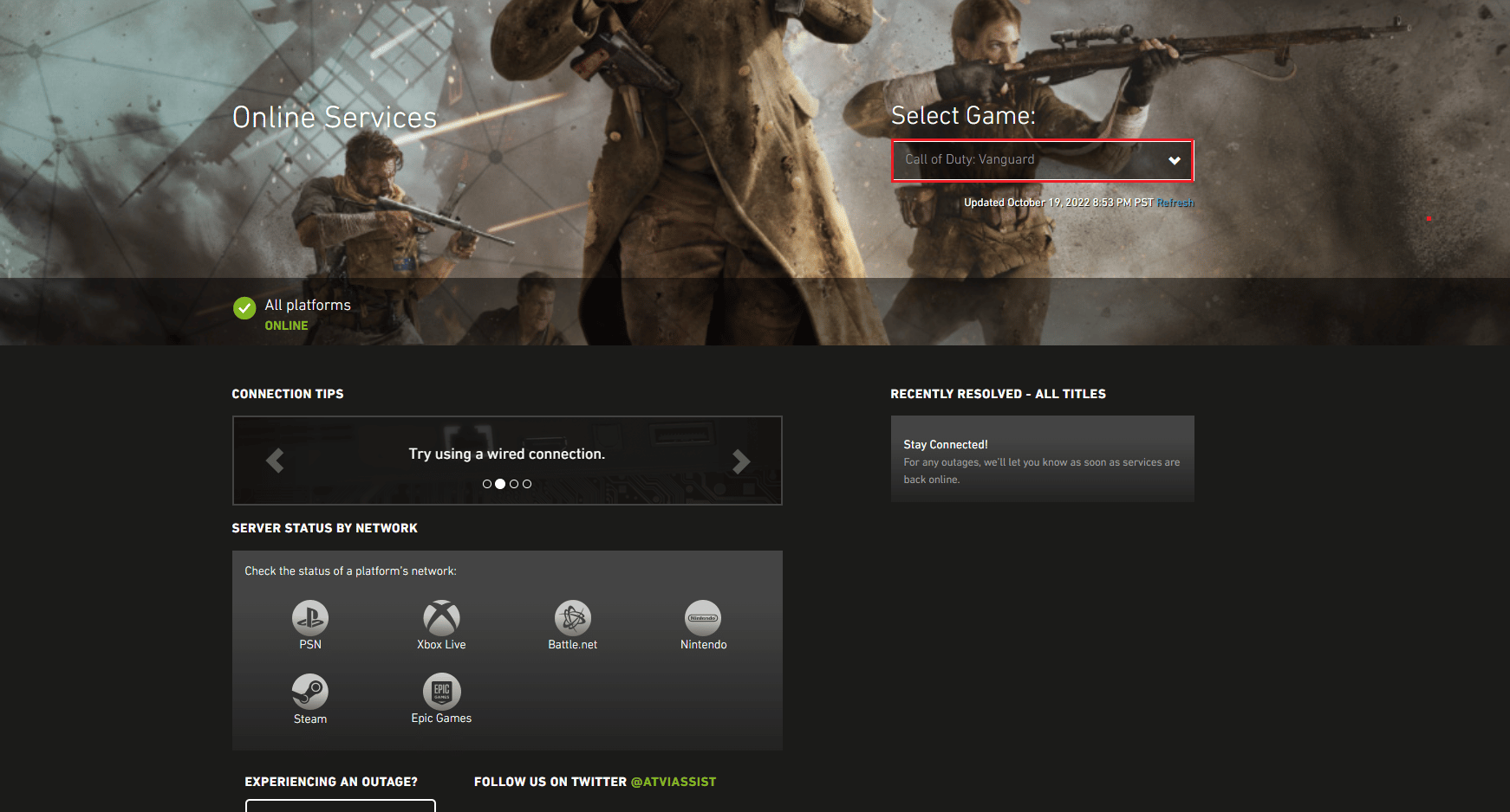 Halaman status server garda depan panggilan tugas. Perbaiki Call of Duty Vanguard Dev Error 6032 di Xbox