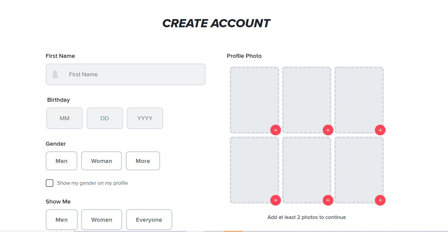 Remplissez les détails requis sur la page CRÉER UN COMPTE | Comment contourner la vérification du numéro de téléphone Tinder