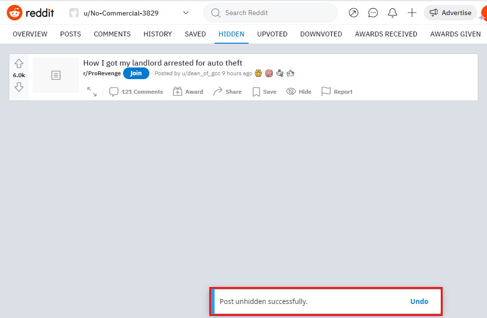 귀하의 게시물이 성공적으로 숨김 해제됩니다 | Android의 Reddit에서 게시물 숨기기를 해제하는 방법