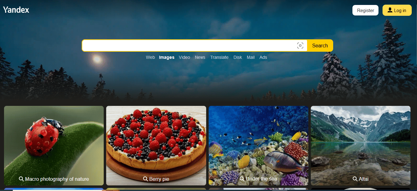 Vai al sito Web ufficiale di Yandex Image Search