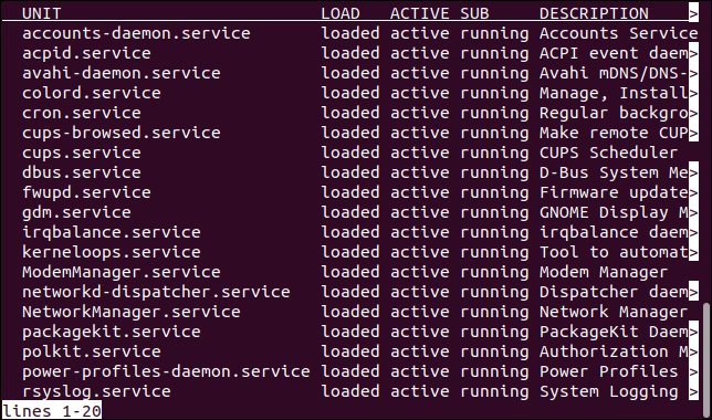 less ファイル ビューアに表示された systemctl 呼び出しの出力