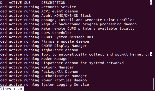 ส่วนขวามือของเอาต์พุตจากการเรียก systemctl ที่แสดงในโปรแกรมดูไฟล์น้อย