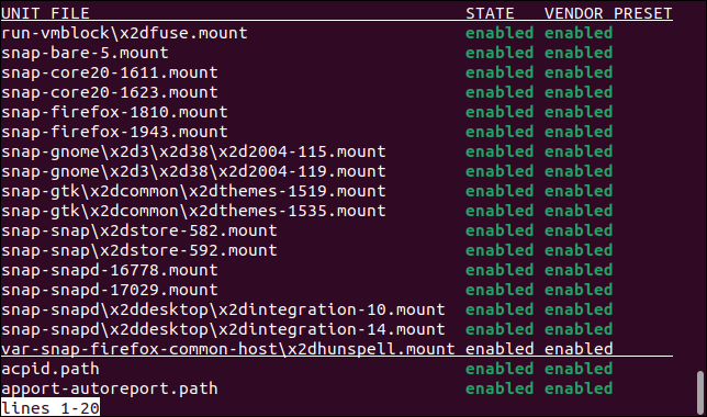 Eine Liste der von systemctl generierten Unit-Dateien, die im Less-Dateibrowser angezeigt werden