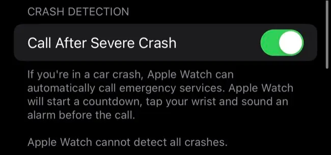 Rilevamento di crash attiva/disattiva l'app Watch per iPhone