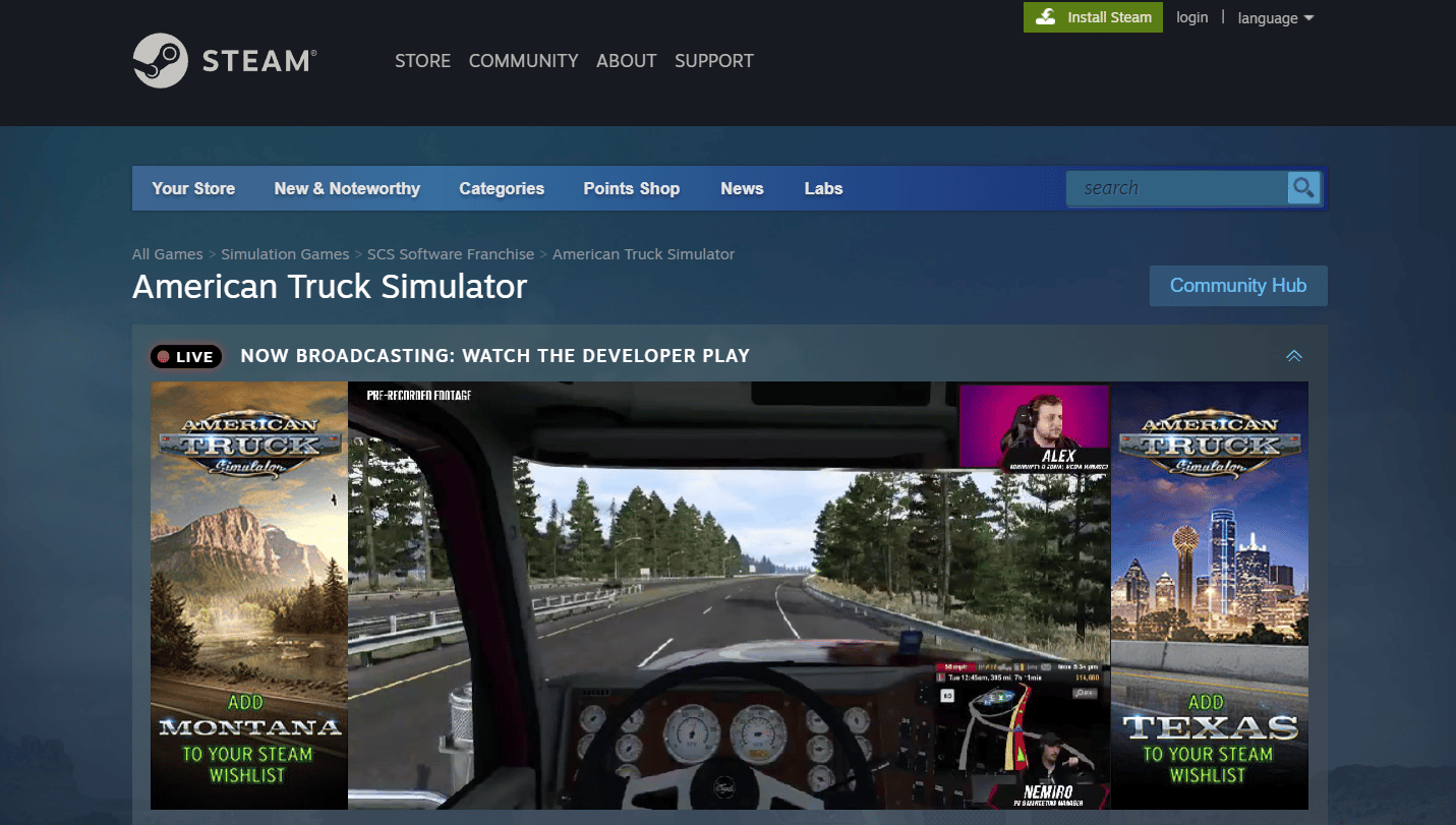 หน้า Steam ของ American Truck Simulator |