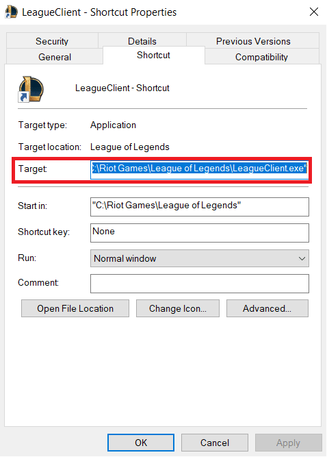 No campo Destino das propriedades, altere o código do idioma no final para o código do idioma desejado anexando este código | Como mudar o idioma no LoL