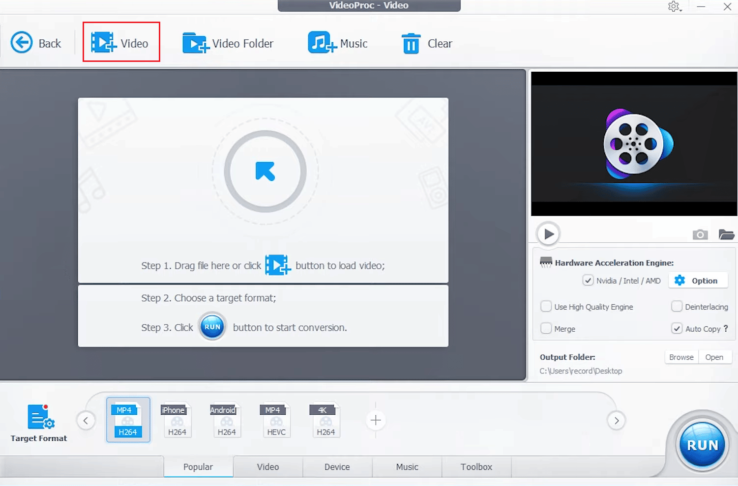 หากต้องการเพิ่มไฟล์วิดีโอหนึ่งไฟล์ขึ้นไปใน VideoProc Converter ให้คลิก +Video