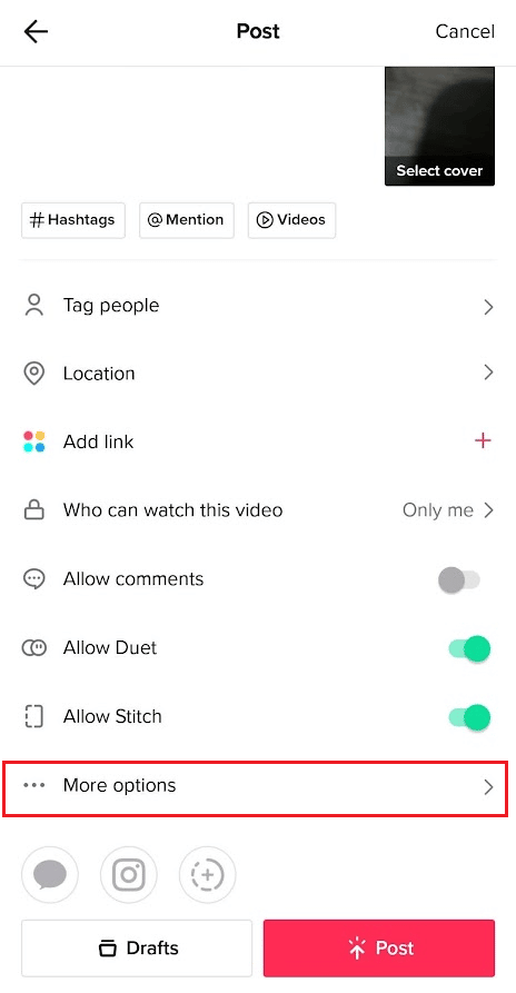 Na tela Post, toque em Mais opções