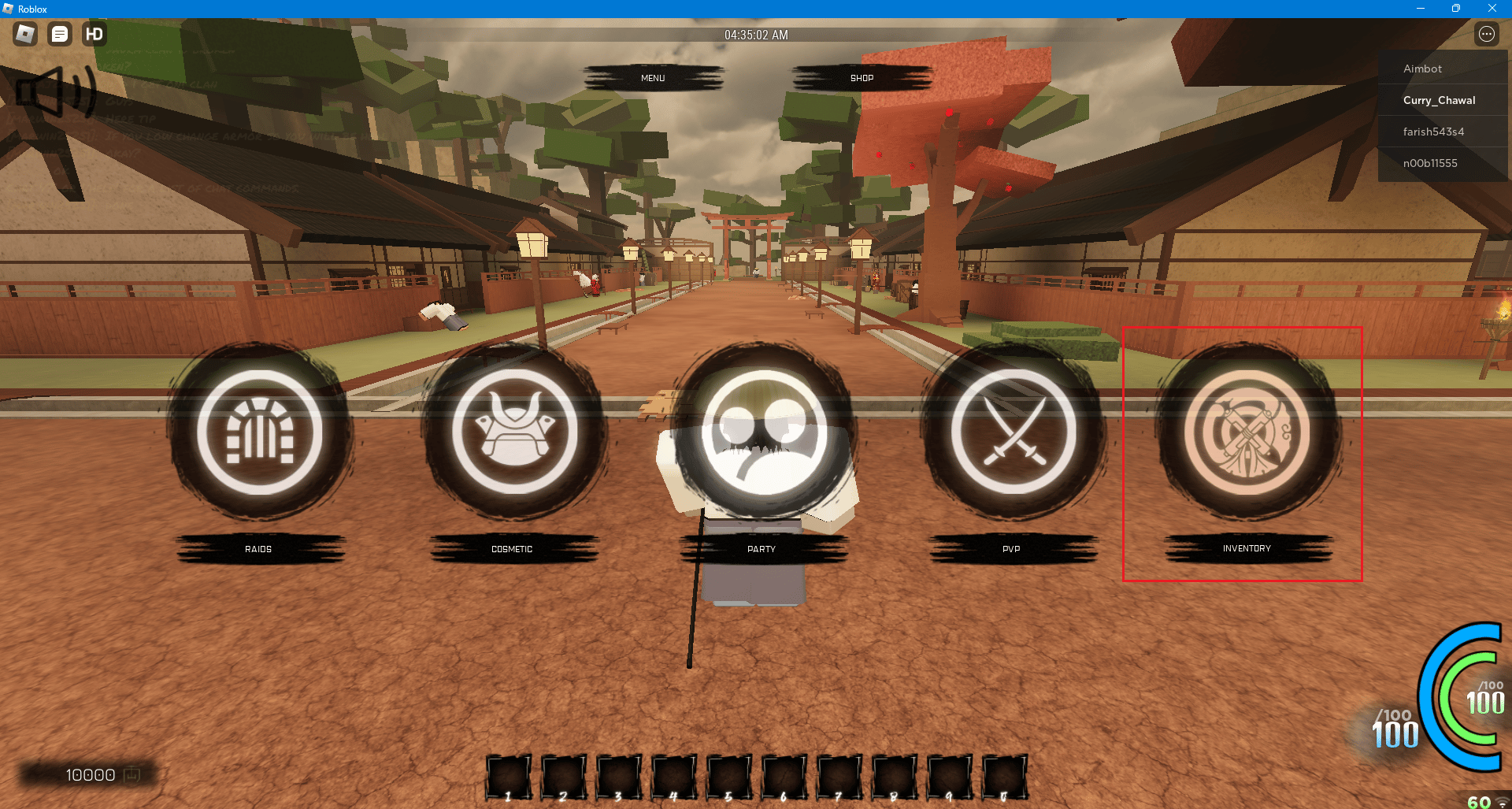 pilih opsi inventaris di Roblox Blood Samurai 2