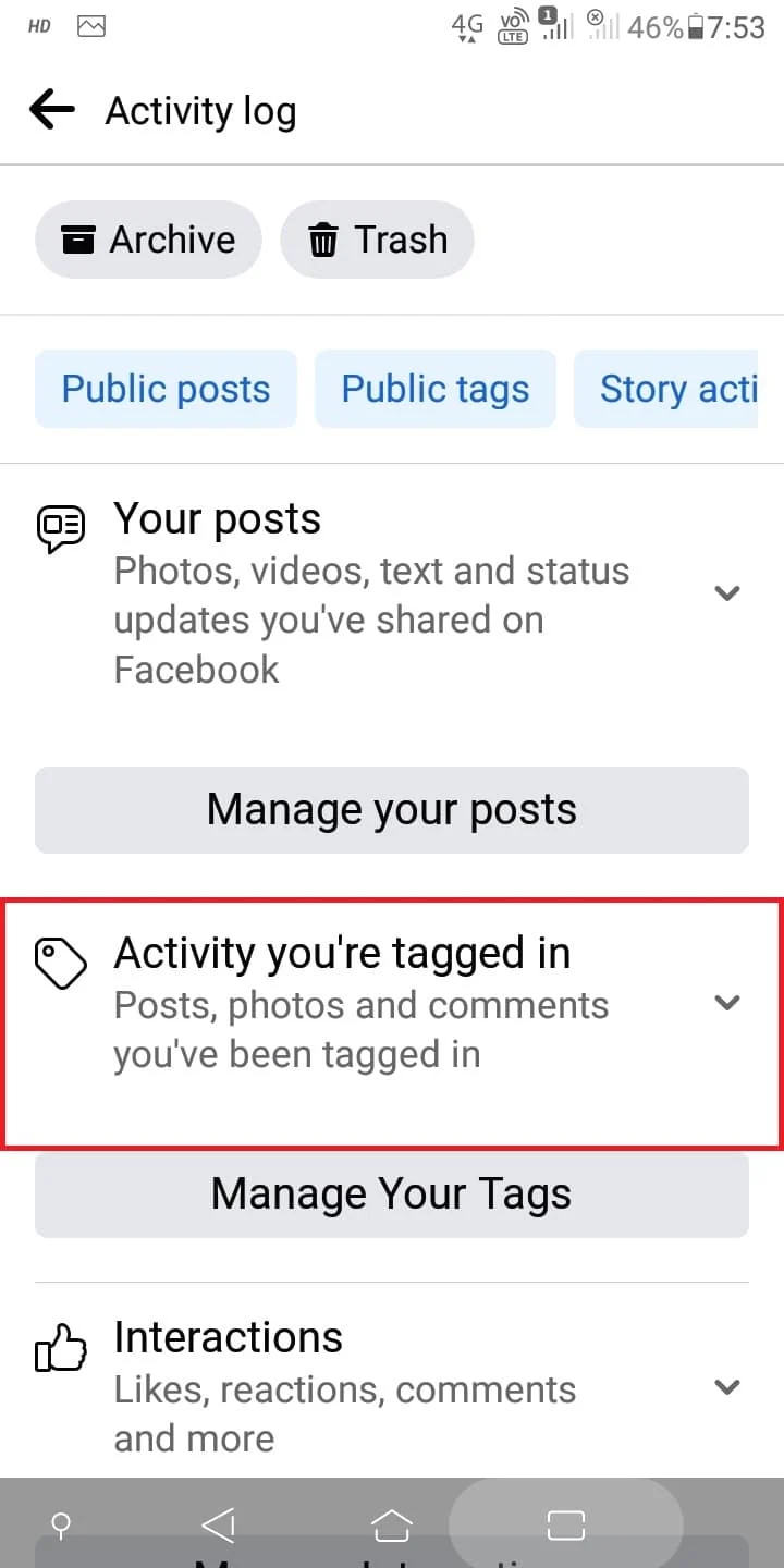Stuknij w Aktywność, w której jesteś oznaczony. | Jak usunąć wszystkie swoje zdjęcia z Facebooka?