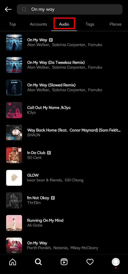 Toque na guia Áudio no menu superior depois de digitar o nome do áudio na caixa de pesquisa para filtrar os resultados por áudio.