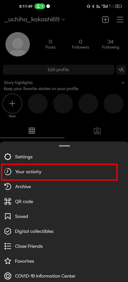 表示されるポップアップ メニューから、[あなたのアクティビティ] | [アクティビティ] を選択します。 Instagramの視聴済みビデオ履歴を表示する方法