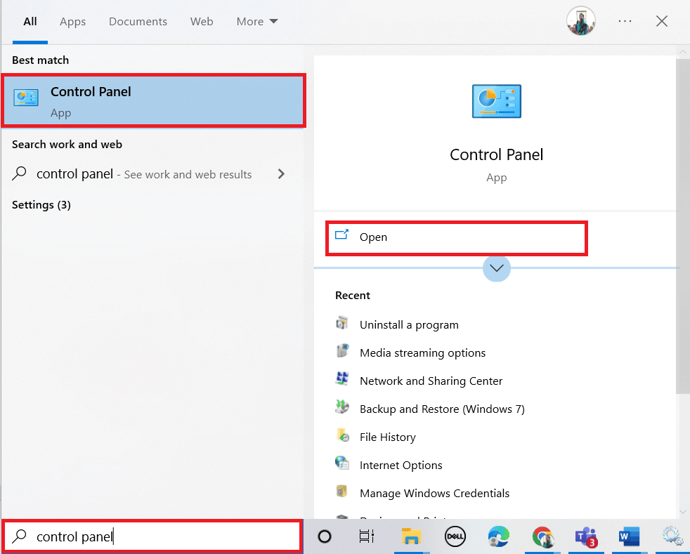 Cari Control Panel di bilah pencarian Windows dan klik Open