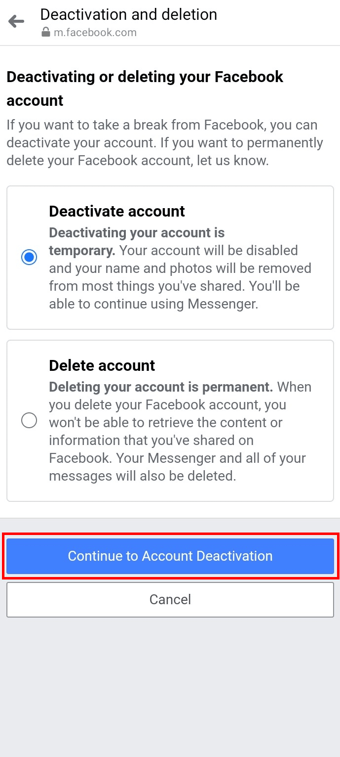 Выберите параметр «Деактивировать учетную запись» и нажмите кнопку «Продолжить деактивацию учетной записи» | удалить мессенджер без фейсбука