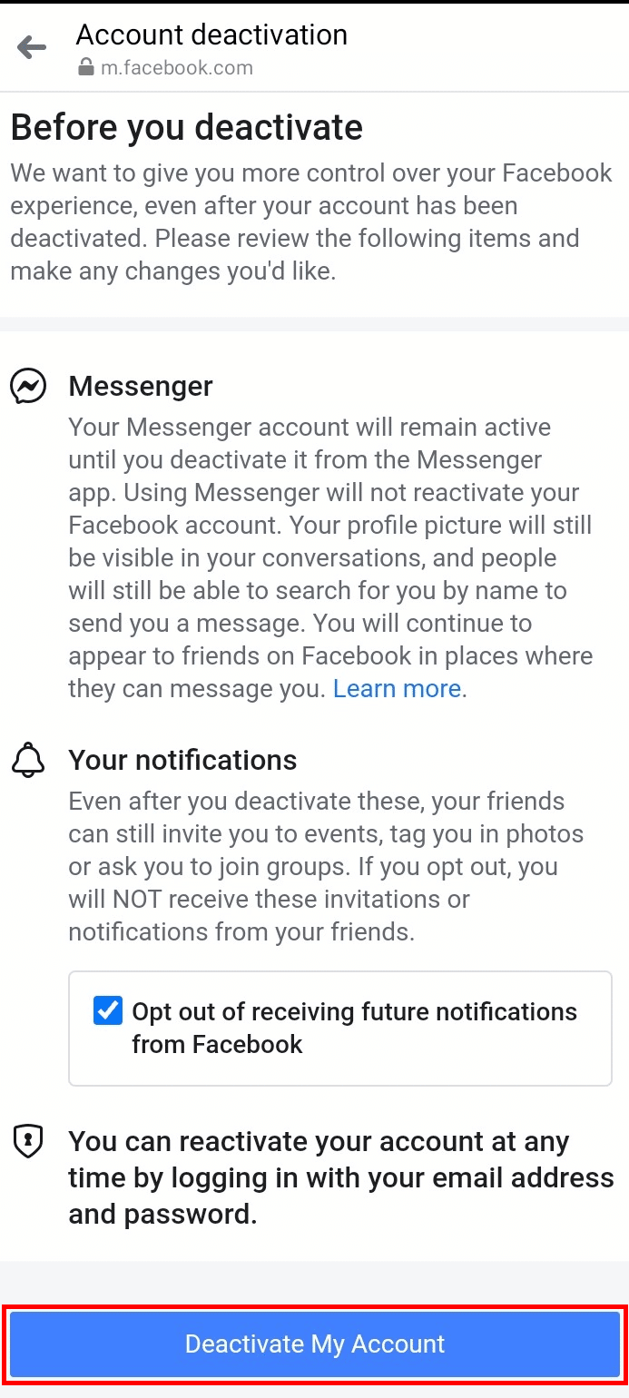 Нажмите на кнопку «Деактивировать мою учетную запись», чтобы деактивировать учетную запись Messenger и Facebook | удалить мессенджер без фейсбука