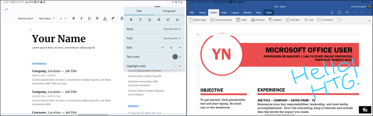 Galaxy Tab S6의 Google 문서(왼쪽) 및 Microsoft Word(오른쪽)