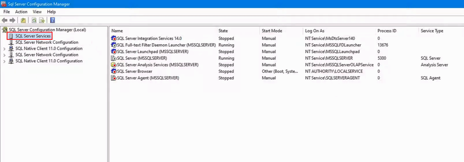 SQL Server 구성 관리자의 SQL Server 서비스