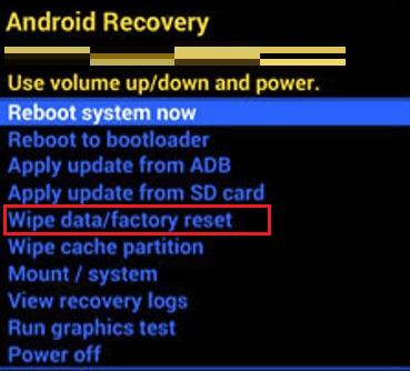 Wipe data/factory reset 옵션으로 이동하고 전원 버튼을 눌러 옵션을 확인합니다.