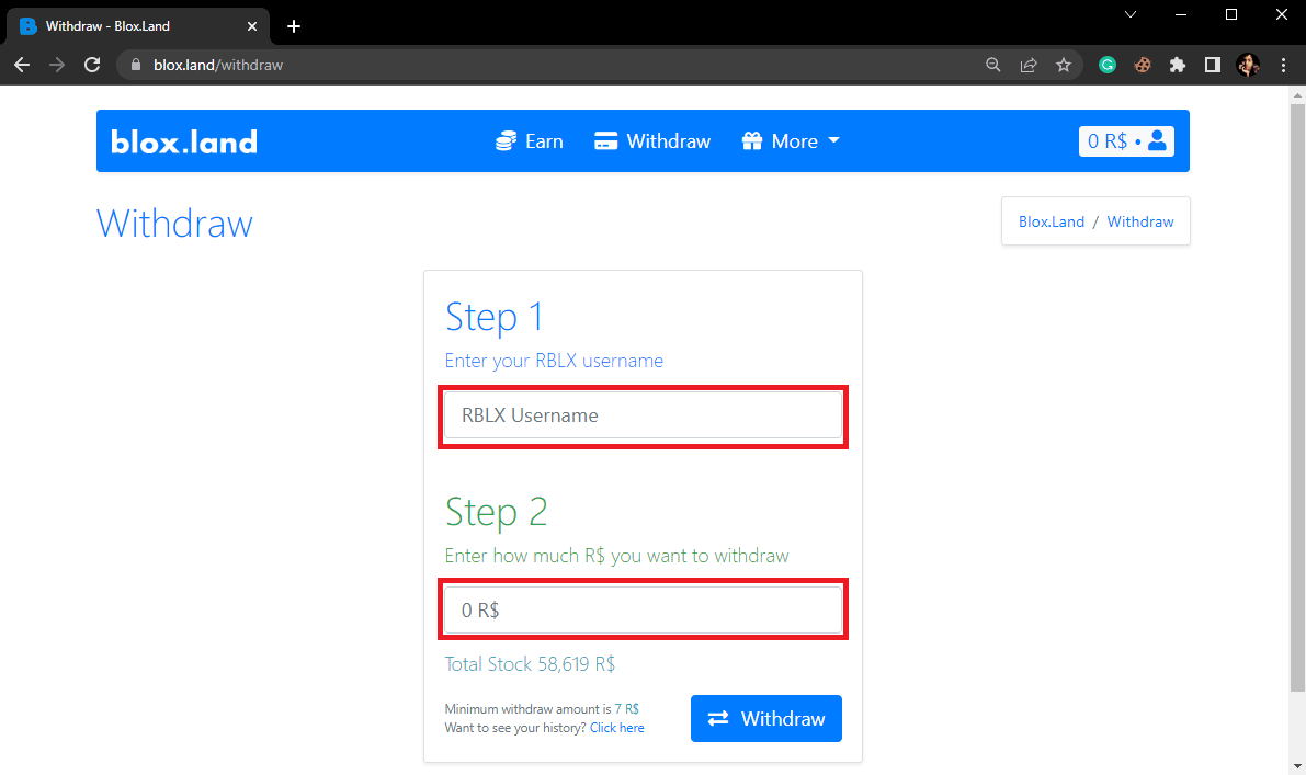 在提款頁面上，在第 1 步下輸入您的 Roblox 用戶名，並在第 2 步下輸入 Robux 金額