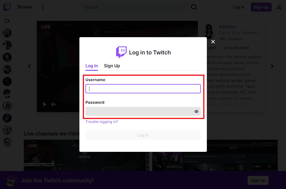 Kullanıcı adınızı ve Parolanızı girin ve Enter tuşuna basın. Twitch Profil Resmi Yükleme Hatasını Düzeltin