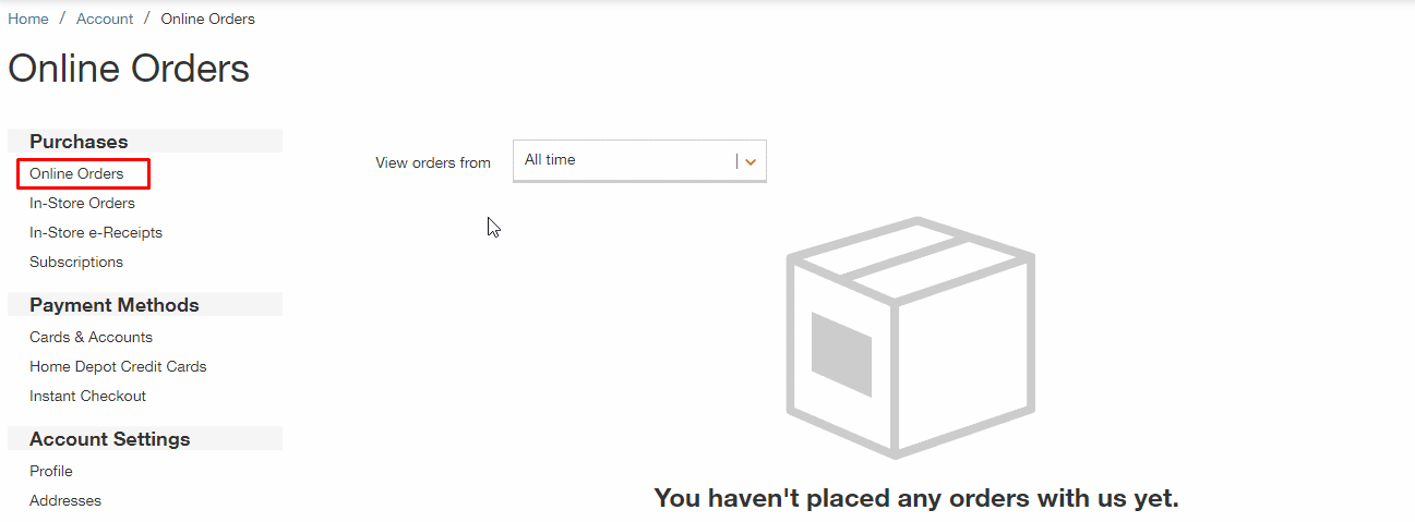 Нажмите на опцию «Онлайн-заказ», чтобы получить список ваших онлайн-заказов в Home Depot.