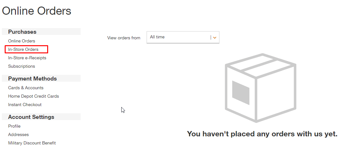 Чтобы просмотреть список покупок в магазине Home Depot, щелкните параметр «Заказы в магазине».