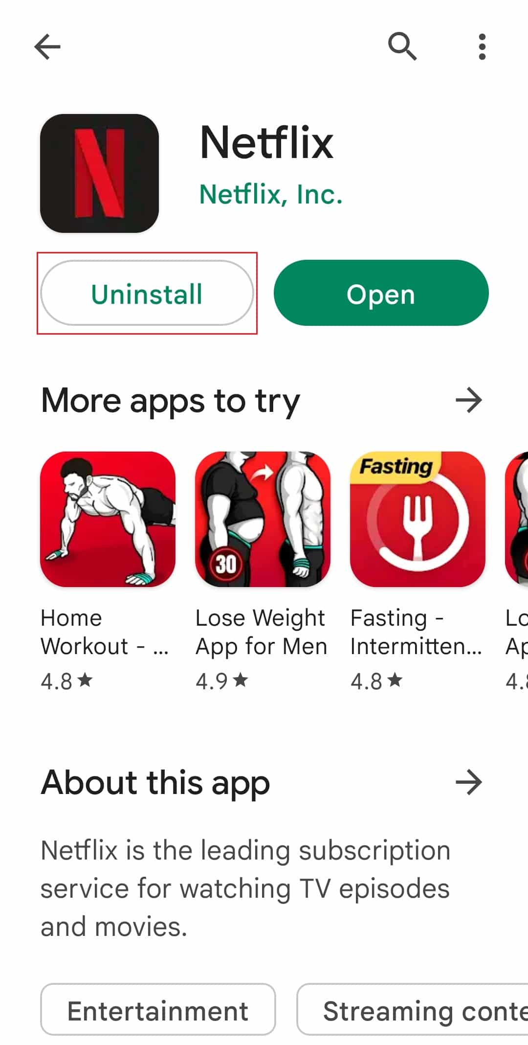 dotknij opcji Odinstaluj. Napraw błąd Netflix 5.7 na Androidzie