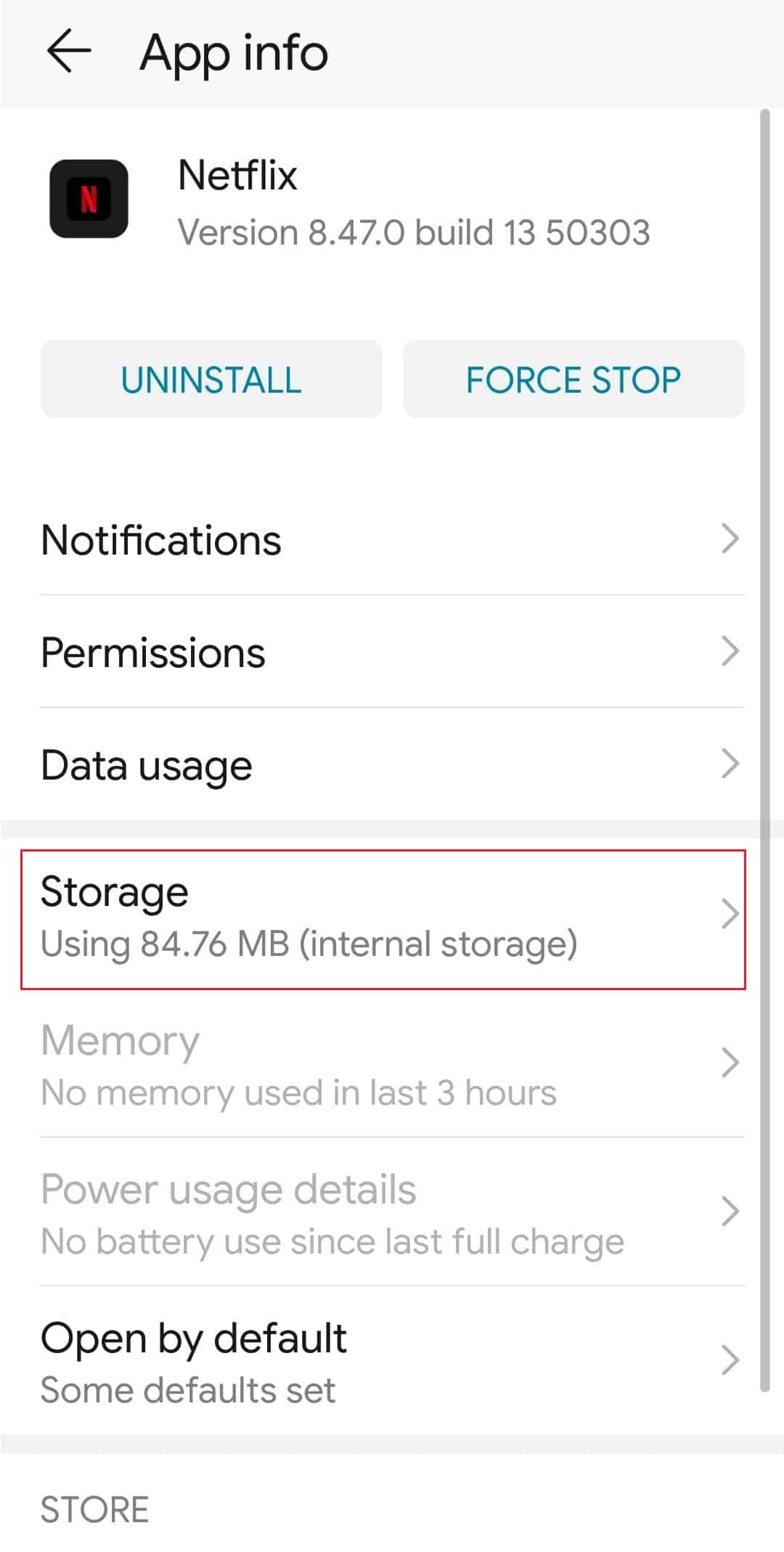 toque em Armazenamento nas informações do aplicativo Netflix