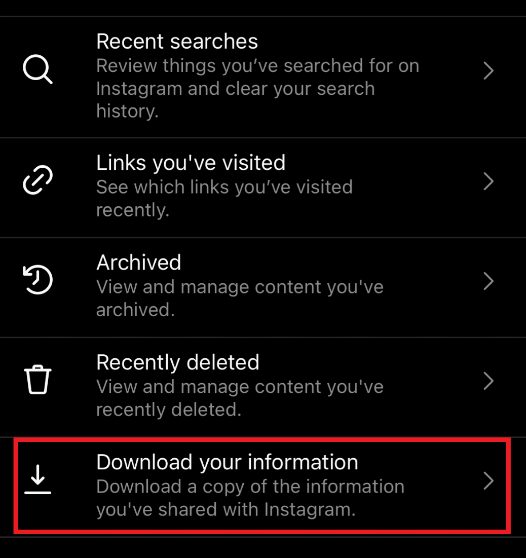 Toque em Baixar suas informações. Como recuperar mensagens diretas do Instagram excluídas sem software