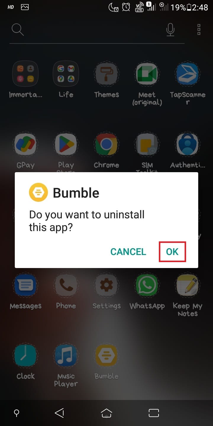 Un messaggio pop-up ti chiederà di confermare la disinstallazione dell'app. Fare clic su Ok. | blocca i siti di incontri sul tuo telefono