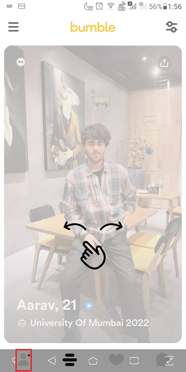 Vá para o ícone do perfil ao fazer login na sua conta de namoro Bumble.