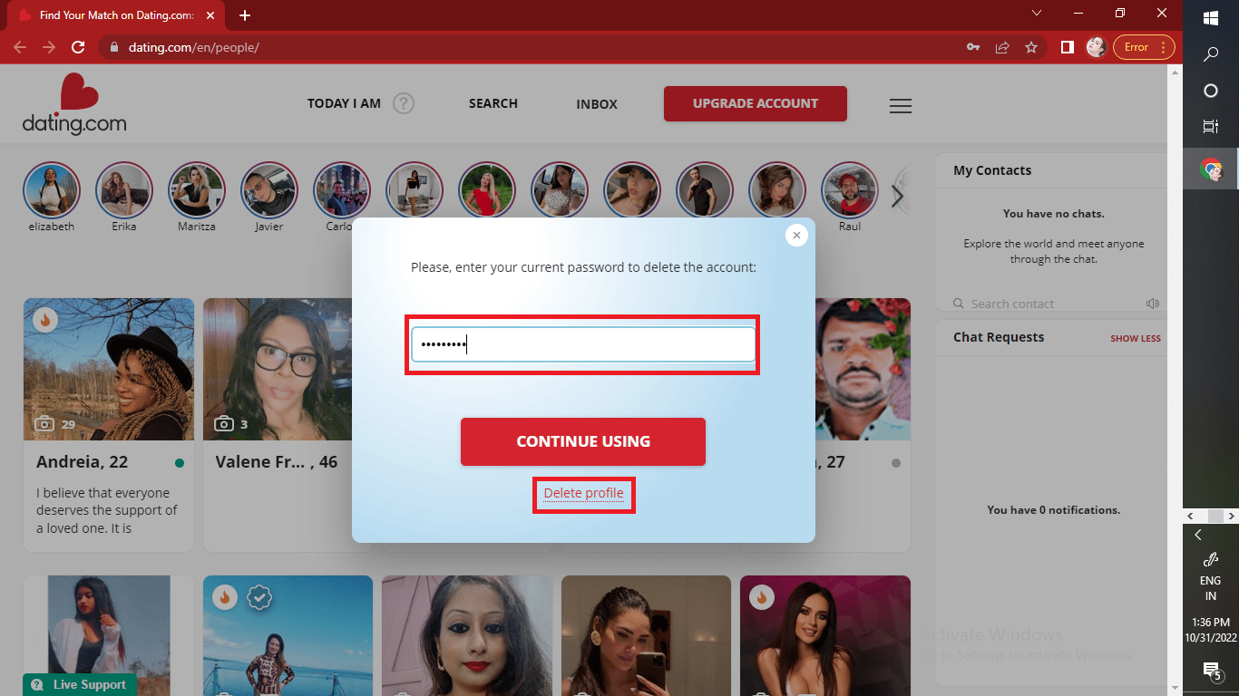 Digite sua senha e clique em Excluir perfil para confirmar sua solicitação de exclusão.