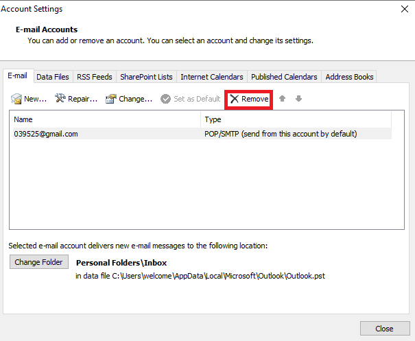Kliknij przycisk Usuń | Jak usunąć konto Outlook