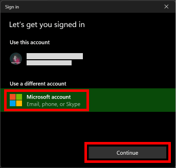 Cliquez sur le compte Microsoft puis cliquez sur le bouton Continuer pour ajouter un nouveau compte Microsoft.