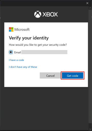 Seleccione el correo electrónico y haga clic en el botón Obtener código | Cómo cambiar la cuenta de Microsoft en Minecraft PE