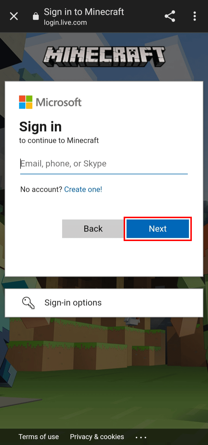 Wpisz swój adres e-mail i kliknij przycisk Dalej | Jak zmienić konto Microsoft w Minecraft PE