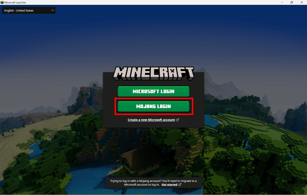 Haga clic en el botón MOJANG LOGIN para iniciar sesión con su cuenta de Microsoft.