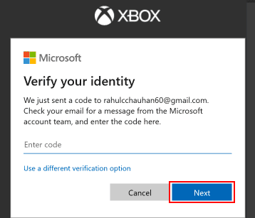 ป้อนรหัสที่ได้รับในอีเมลของคุณแล้วคลิกถัดไป | วิธีเปลี่ยนบัญชี Microsoft บน Minecraft PE