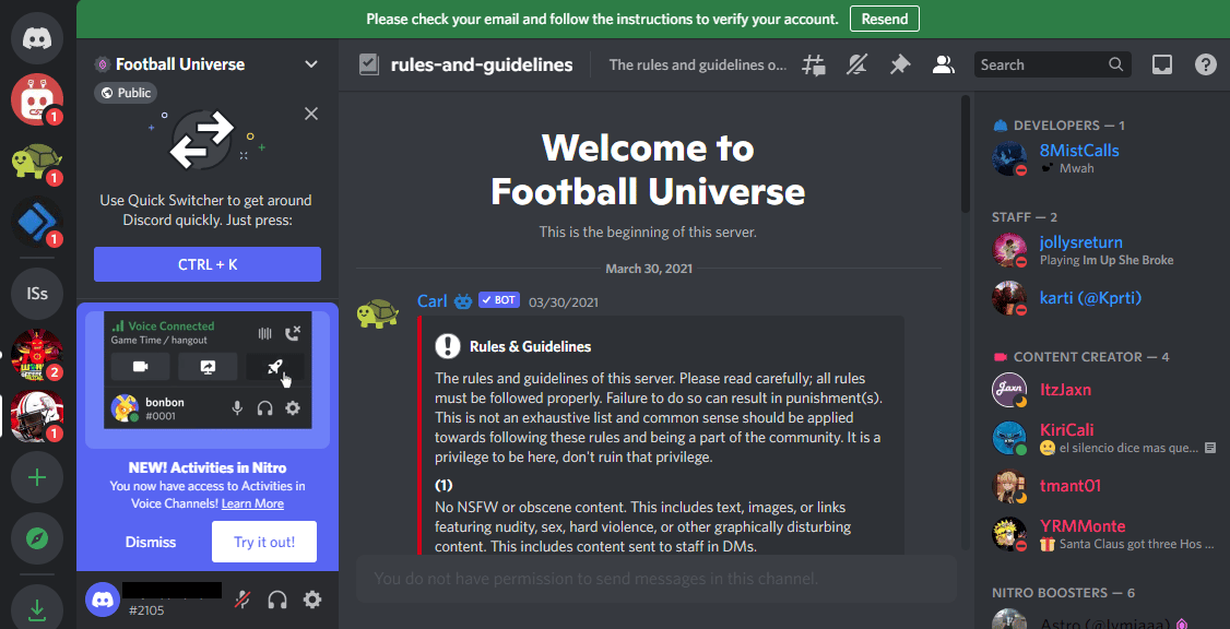 Página do Discord do Universo do Futebol