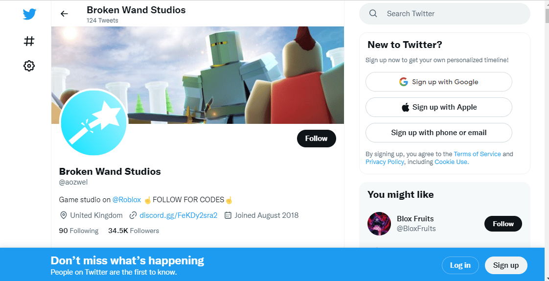 Page Twitter de Broken Wand Studios