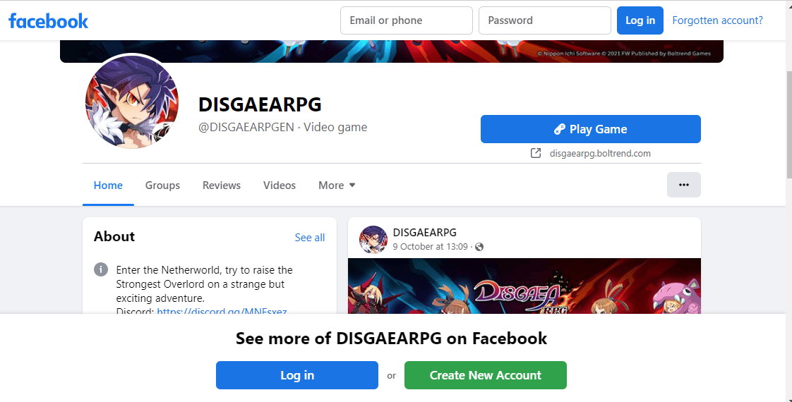 หน้า Facebook ของ Disgaea RPG