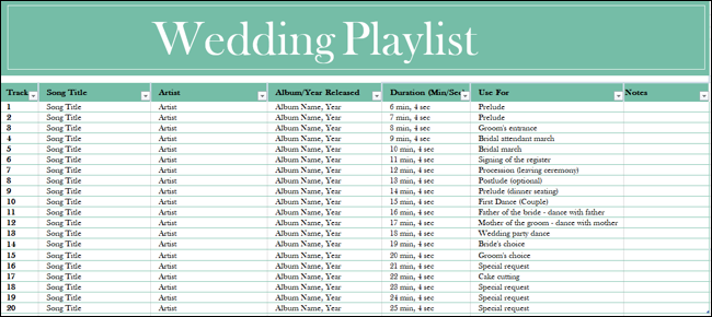 Modelo Excel de lista de reprodução de casamento