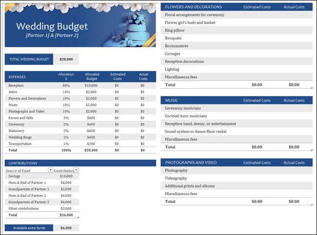 Modelo Excel de orçamento de casamento