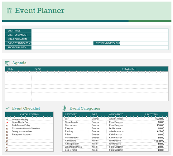 イベント プランナーとタイムラインの Excel テンプレート