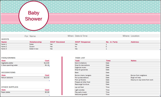 Modelo Excel de planejador de chá de bebê